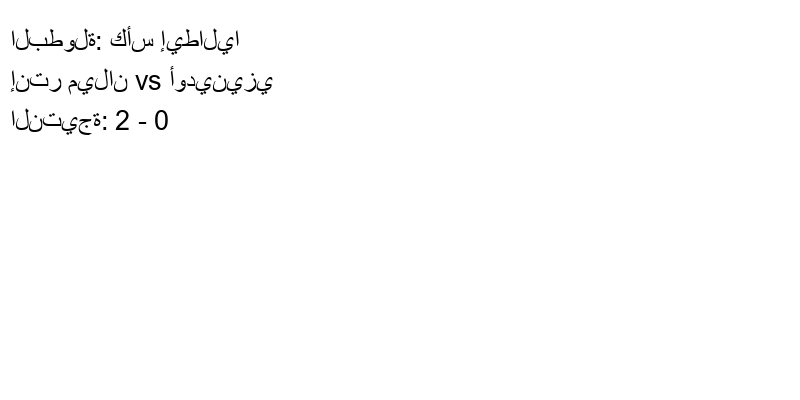  فريق إنتر ميلان يسحق أودينيزي بنتيجة 2 - 0 في بطولة كأس إيطاليا.