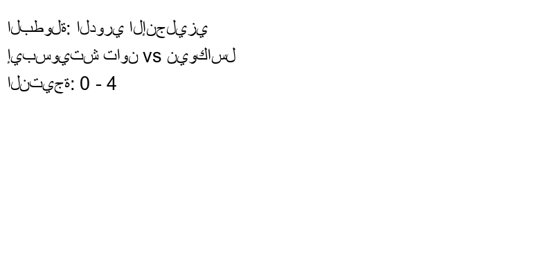  فريق نيوكاسل يكسب فريق إيبسويتش تاون بنتيجة 0 - 4 في بطولة الدوري الإنجليزي.