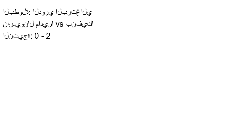  فريق بنفيكا يكسب فريق ناسيونال ماديرا بنتيجة 0 - 2 في بطولة الدوري البرتغالي.