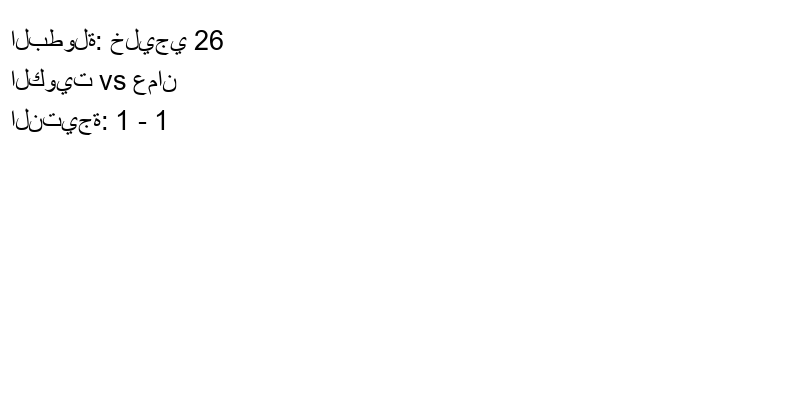 تعادل الكويت وفريق عمان بنتيجة 1 - 1 في بطولة خليجي 26.