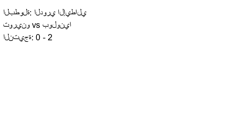  فريق بولونيا يكسب فريق تورينو بنتيجة 0 - 2 في بطولة الدوري الإيطالي.