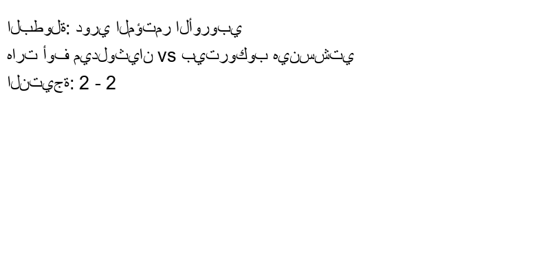 تعادل هارت أوف ميدلوثيان وفريق بيتروكوب هينسشتي بنتيجة 2 - 2 في بطولة دوري المؤتمر الأوروبي.