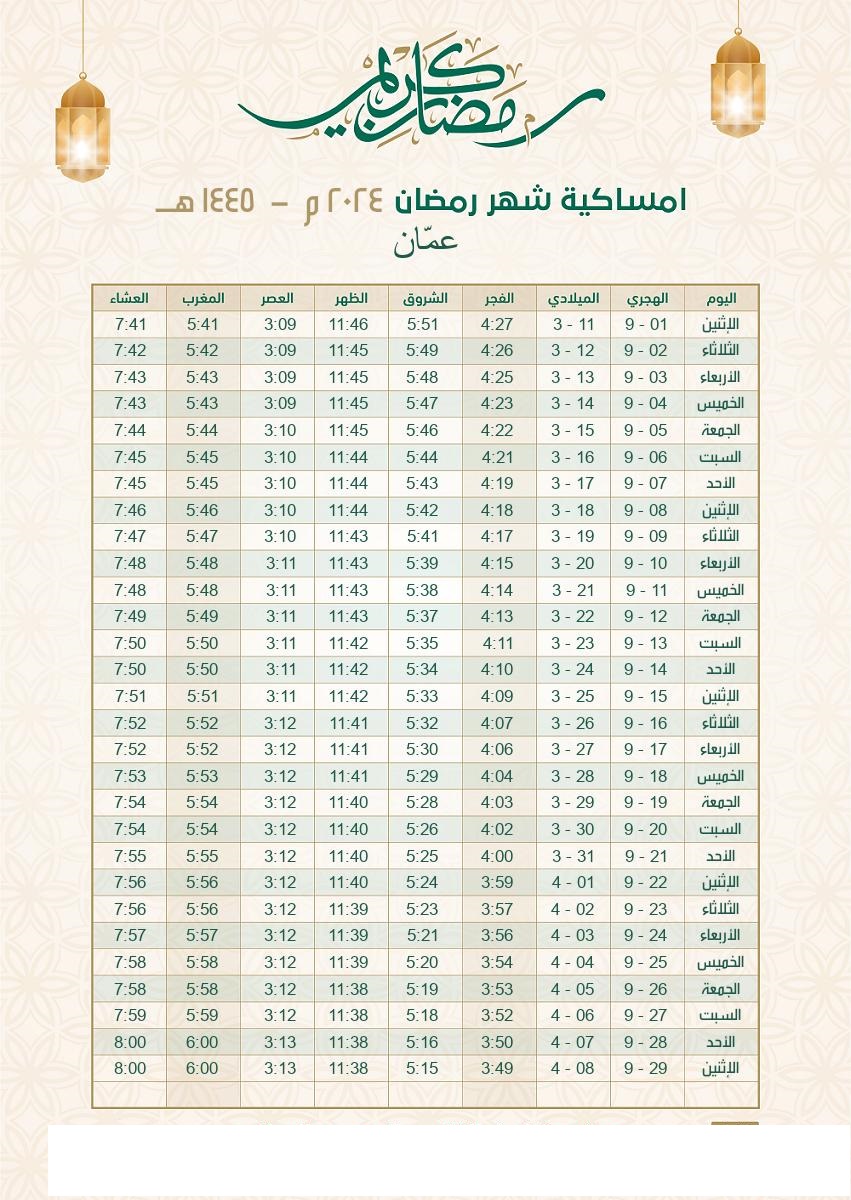 رزنامة رمضان 2024 الأردن .. امساكية رمضان 1445 عمّان