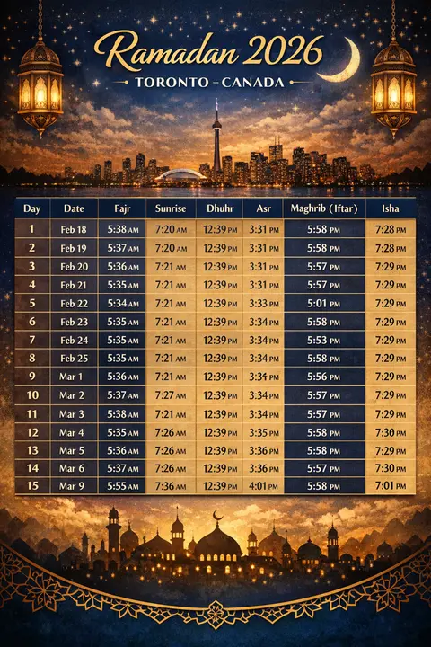 إمساكية شهر رمضان 2026 في كندا تورنتو – مواقيت الصلاة الإفطار والسحور من 1 إلى 30 رمضان