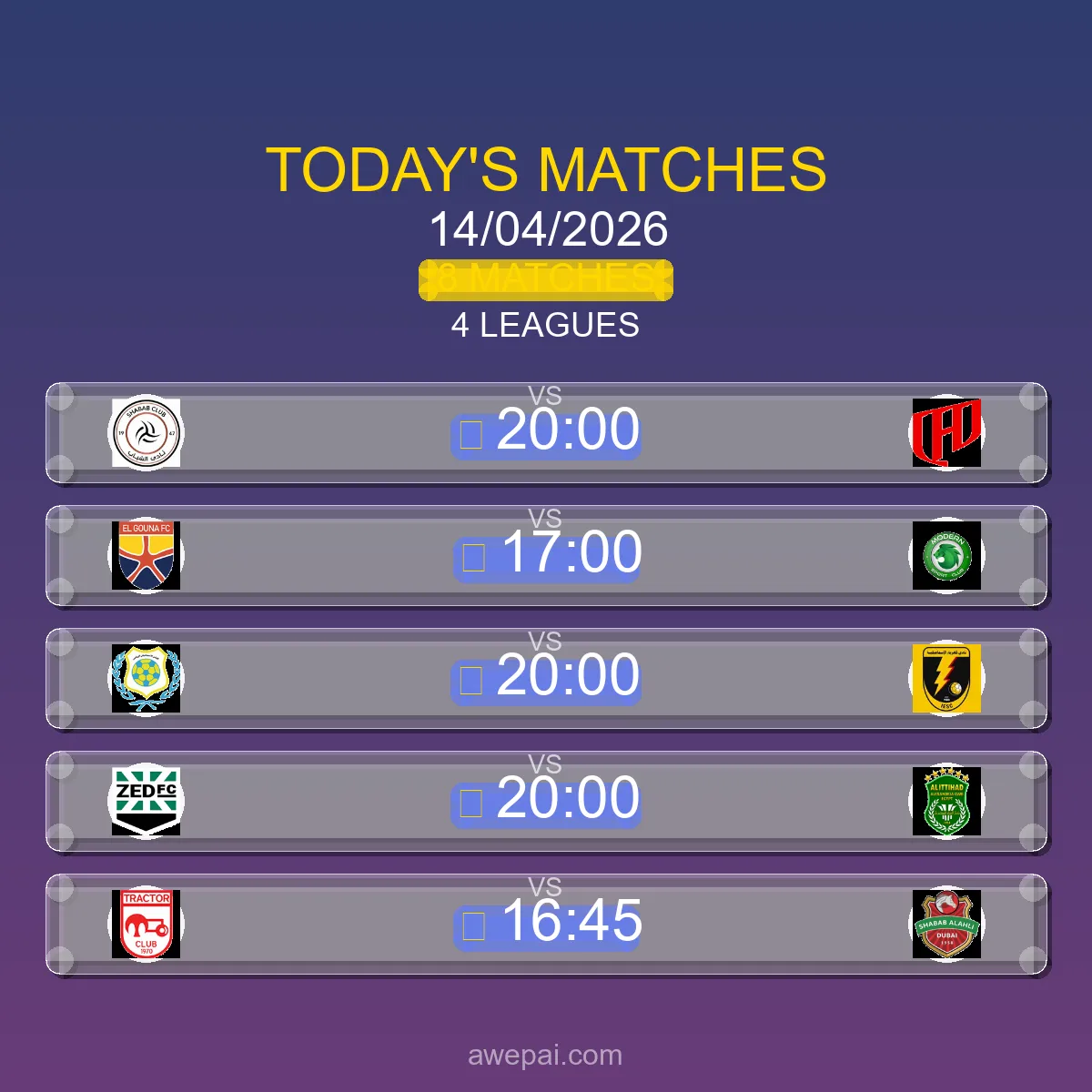 مباريات اليوم الثلاثاء 14 أبريل 2026 - الجدول الكامل لجميع البطولات