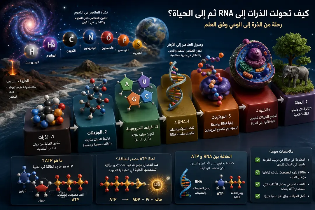 كيف تحولت الذرات إلى RNA ثم إلى الحياة؟ رحلة من الذرة إلى الوعي .. هل يمكن تفسير الحياة بالكامل بالترتيب الذري؟
