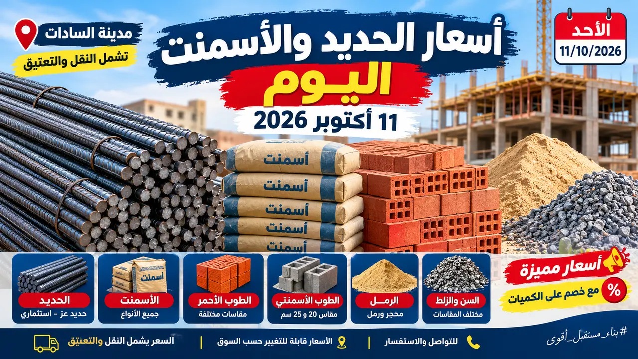 أسعار الحديد والأسمنت اليوم الأحد 11 أكتوبر 2026.. تحديث أسعار الطوب والرمل والسن