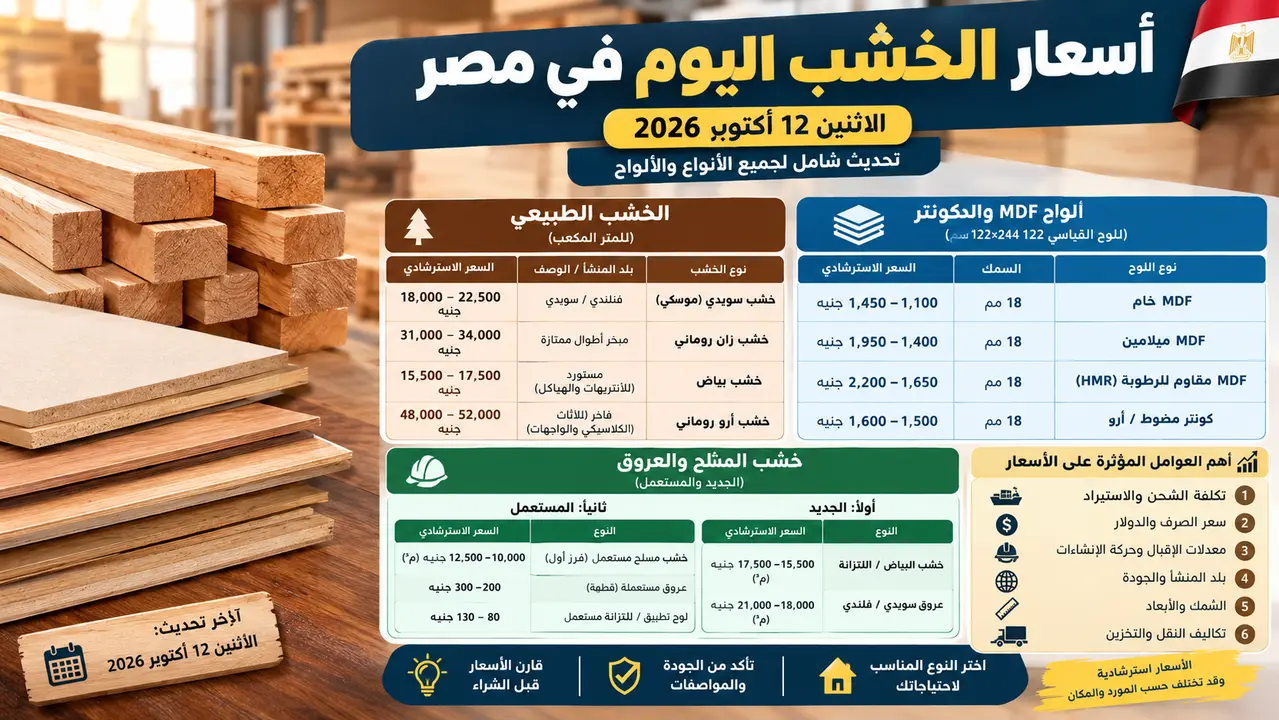 أسعار الخشب اليوم في مصر الاثنين 12 أكتوبر 2026.. سعر المتر المكعب وألواح MDF