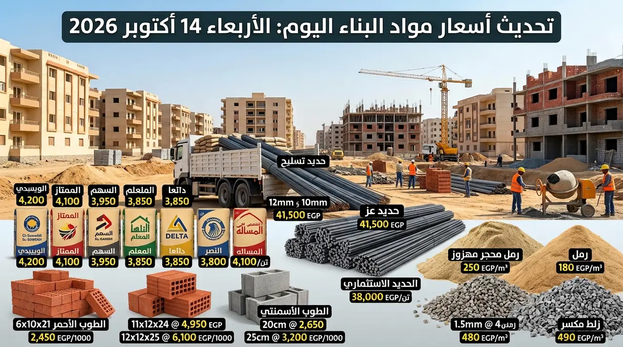 أسعار مواد البناء اليوم الأربعاء 14 أكتوبر 2026 .. سعر الزلط والرمل والحديد والأسمنت