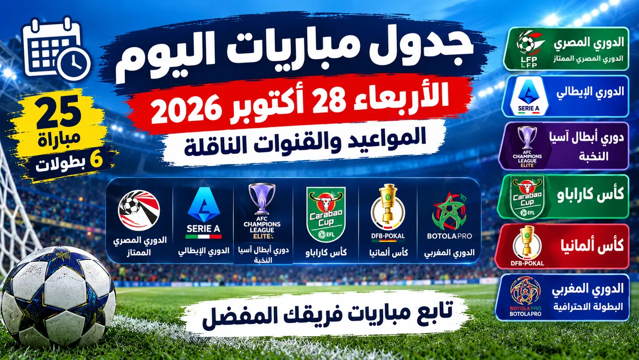 جدول مباريات اليوم الأربعاء 28 أكتوبر 2026 والقنوات الناقلة والمواعيد - الدوري المصري الممتاز و الدوري الإيطالي