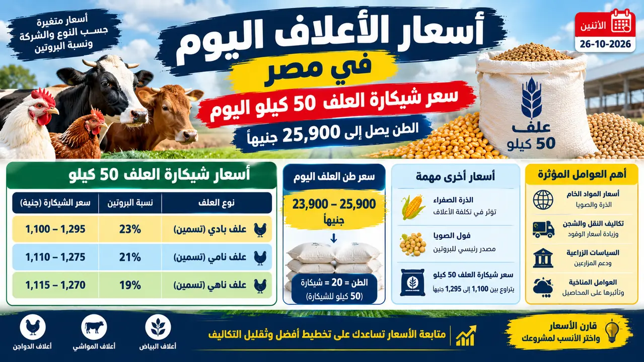 سعر شيكارة العلف 50 كيلو اليوم الثلاثاء 27 اكتوبر في مصر.. تصل إلى 1295 جنيهًا