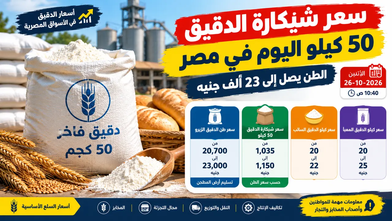 سعر شيكارة الدقيق 50 كيلو اليوم الثلاثاء 27 اكتوبر 2026 في مصر.. الطن يصل إلى 23 ألف جنيه