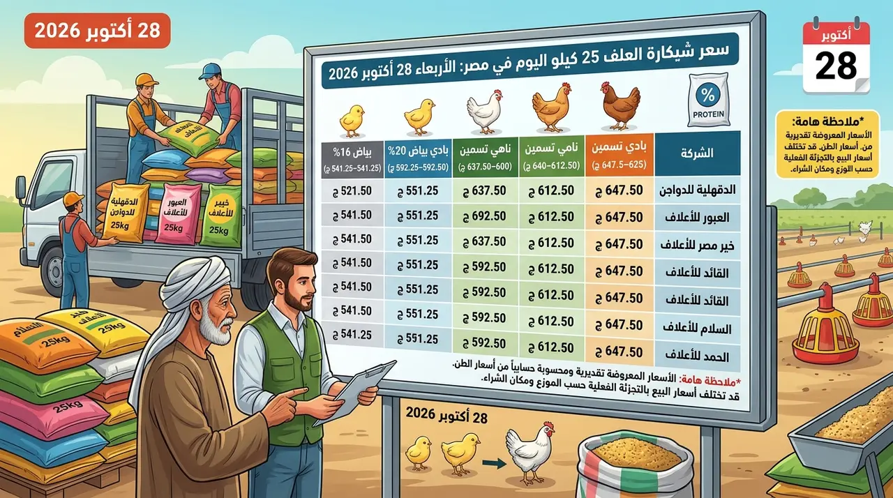 سعر شيكارة العلف 25 كيلو اليوم الأربعاء 28 أكتوبر 2026 في مصر.. أسعار أعلاف التسمين والبياض