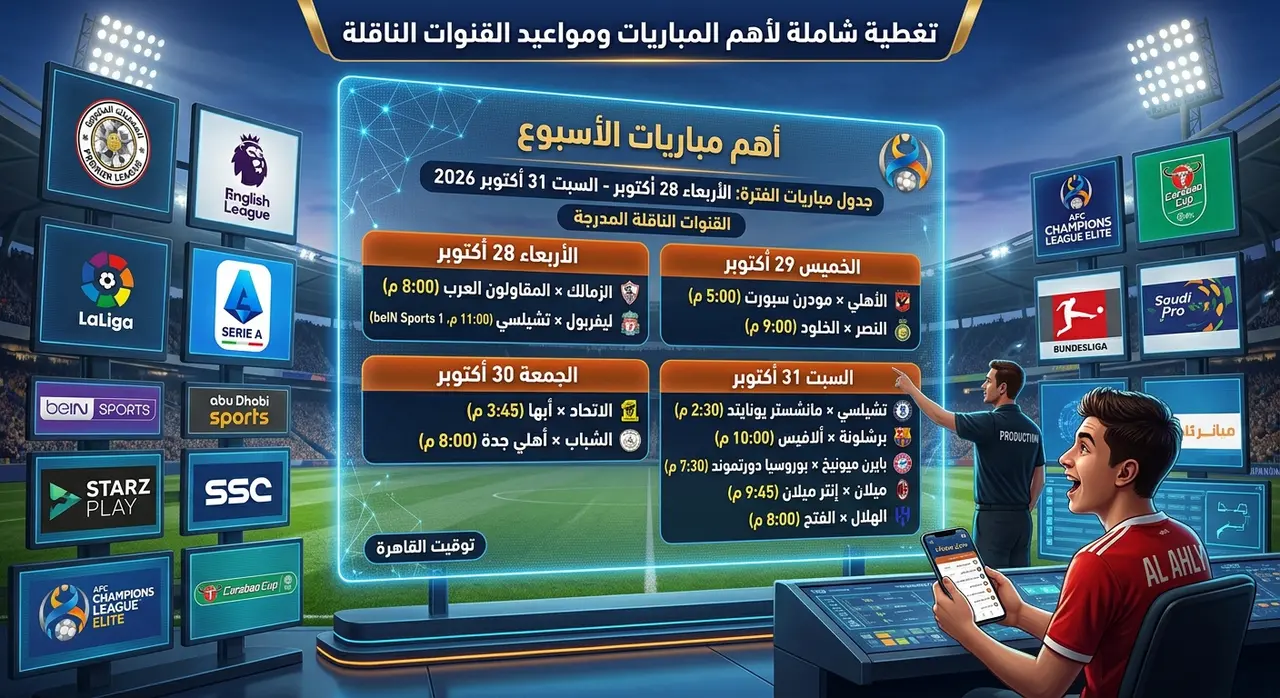 جدول مباريات الأسبوع والقنوات الناقلة من الأربعاء 28 أكتوبر حتى السبت 31 أكتوبر 2026