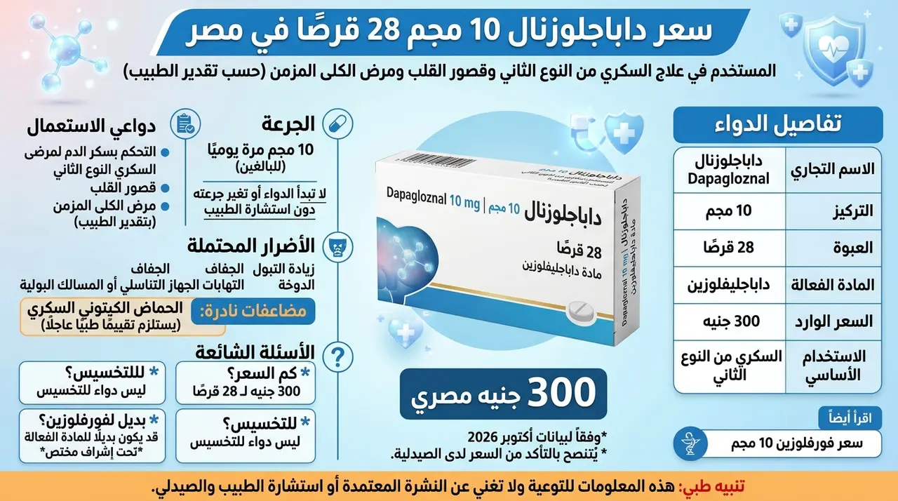 سعر داباجلوزنال 10 مجم 28 قرصًا في مصر 2026.. دواعي الاستعمال والجرعة والأضرار
