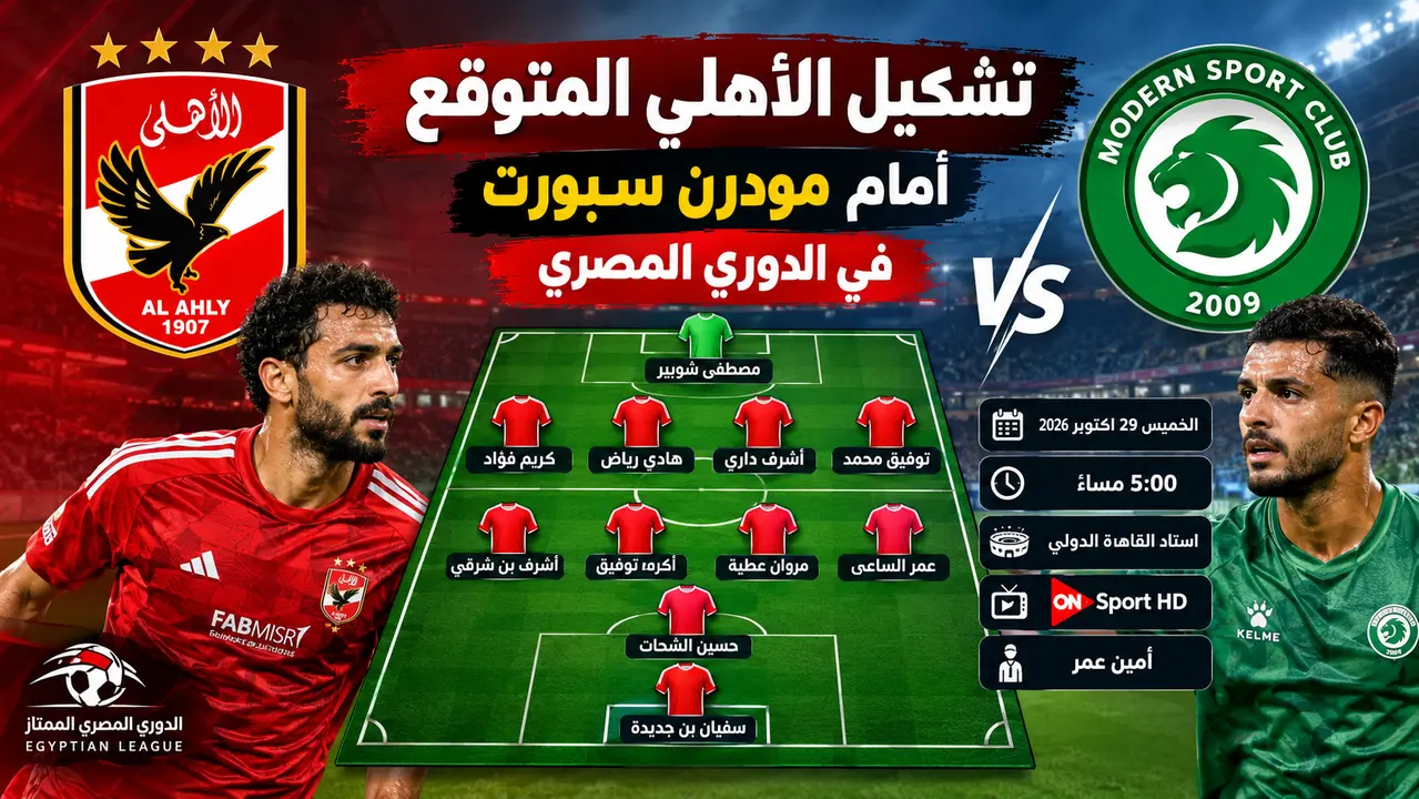 تشكيلات الفرق الأهلي ومودرن سبورت اليوم 29 اكتوبر في الدوري المصري 2026.. الموعد والقناة الناقلة