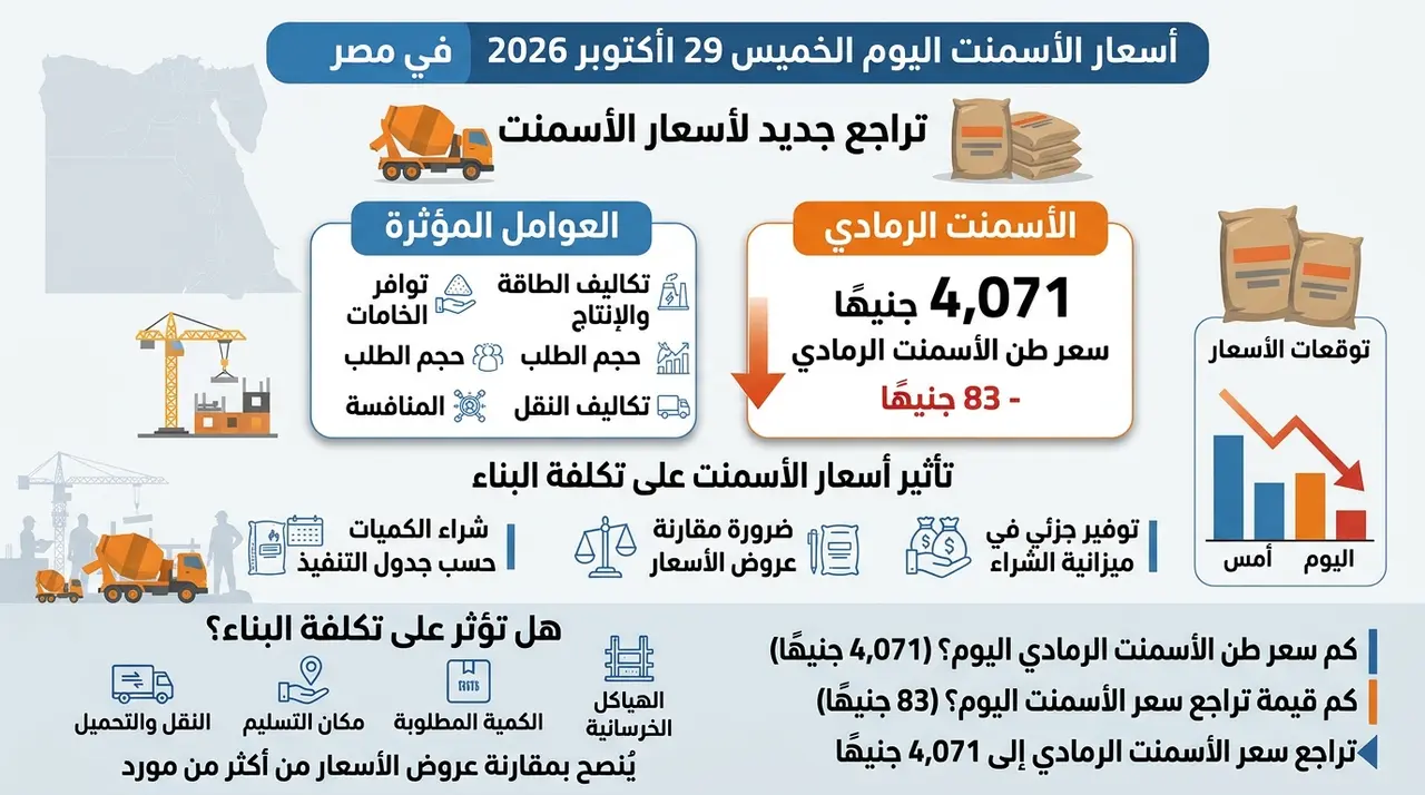 أسعار الأسمنت اليوم الخميس 29 أكتوبر 2026.. الرمادي يتراجع 83 جنيهًا للطن